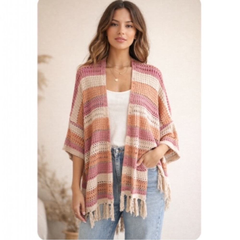 NKN Nekane Peach Purple Cream Open Knit Fringe Cardigan Boho Hippie Small/Med